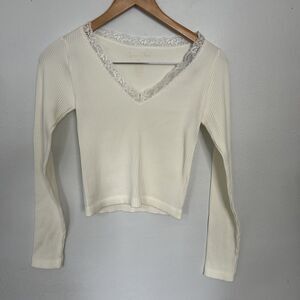 Women's FairyCore Long Sleeve‎ 2000 Ribbed Y2K Coquette Blouse Top XS/S